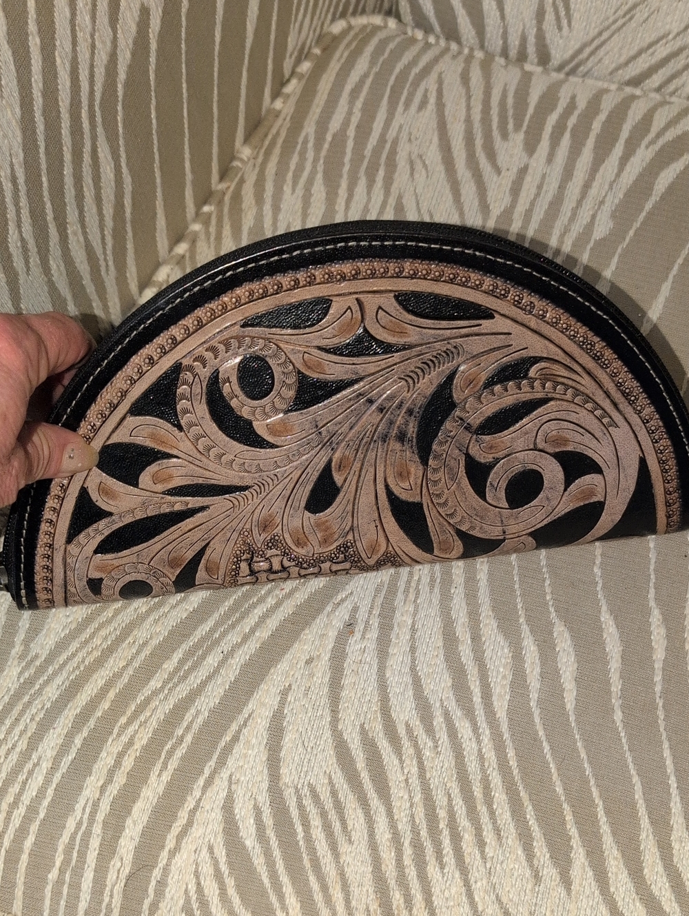 Hand-Tooled Leather Half-Moon Wallet - Handmade